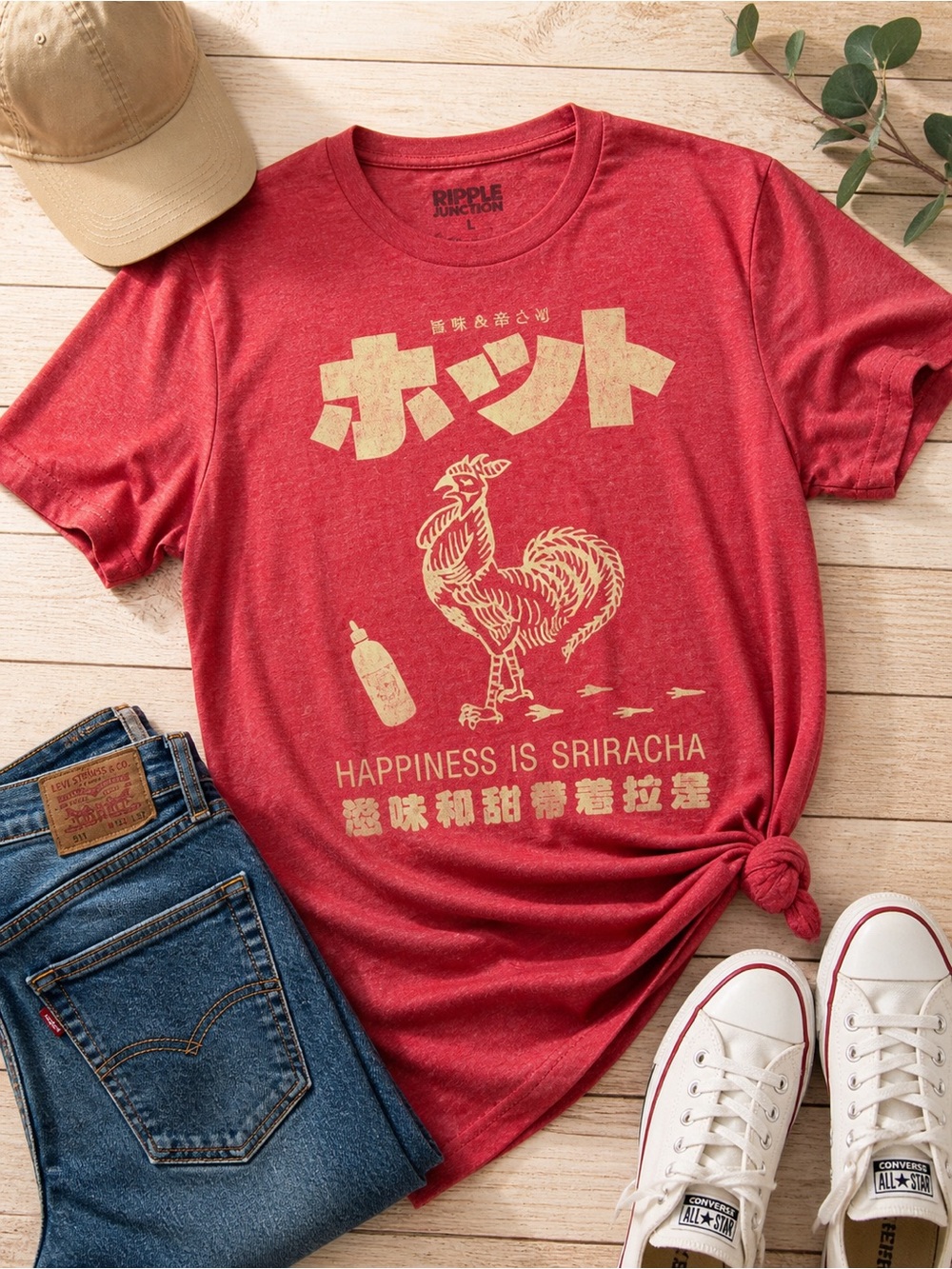 Ripple Junction Sriracha Rooster Graphic Tee Red Japanese Text Novelty Shirt L